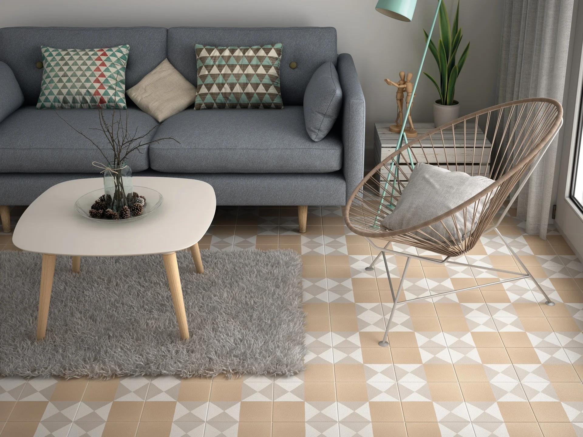 Bodenfliese Caprice Deco Chess von Equipe, matt, 20x20cm, pastellfarbene Karos, verlegt in einem modernen Wohnzimmer mit blauer Couch und Holztisch