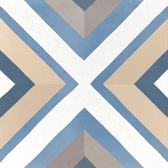 Bodenfliese Caprice Deco Square Colours von Equipe, matt, 20x20cm, mit geometrischem Muster aus beigen und blauen Linien und Rauten, weiche Kanten und klare Konturen