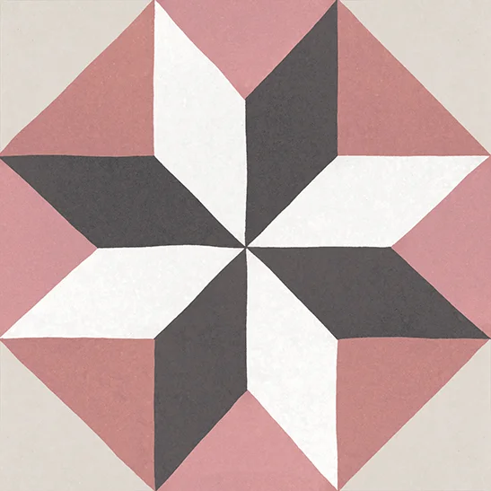 Bodenfliese Caprice Deco Magic Colours von Equipe, matt, 20x20cm, mit geometrischem Muster aus Rosa, Weiß und Schwarz, in Sternform, mit mattem Finish