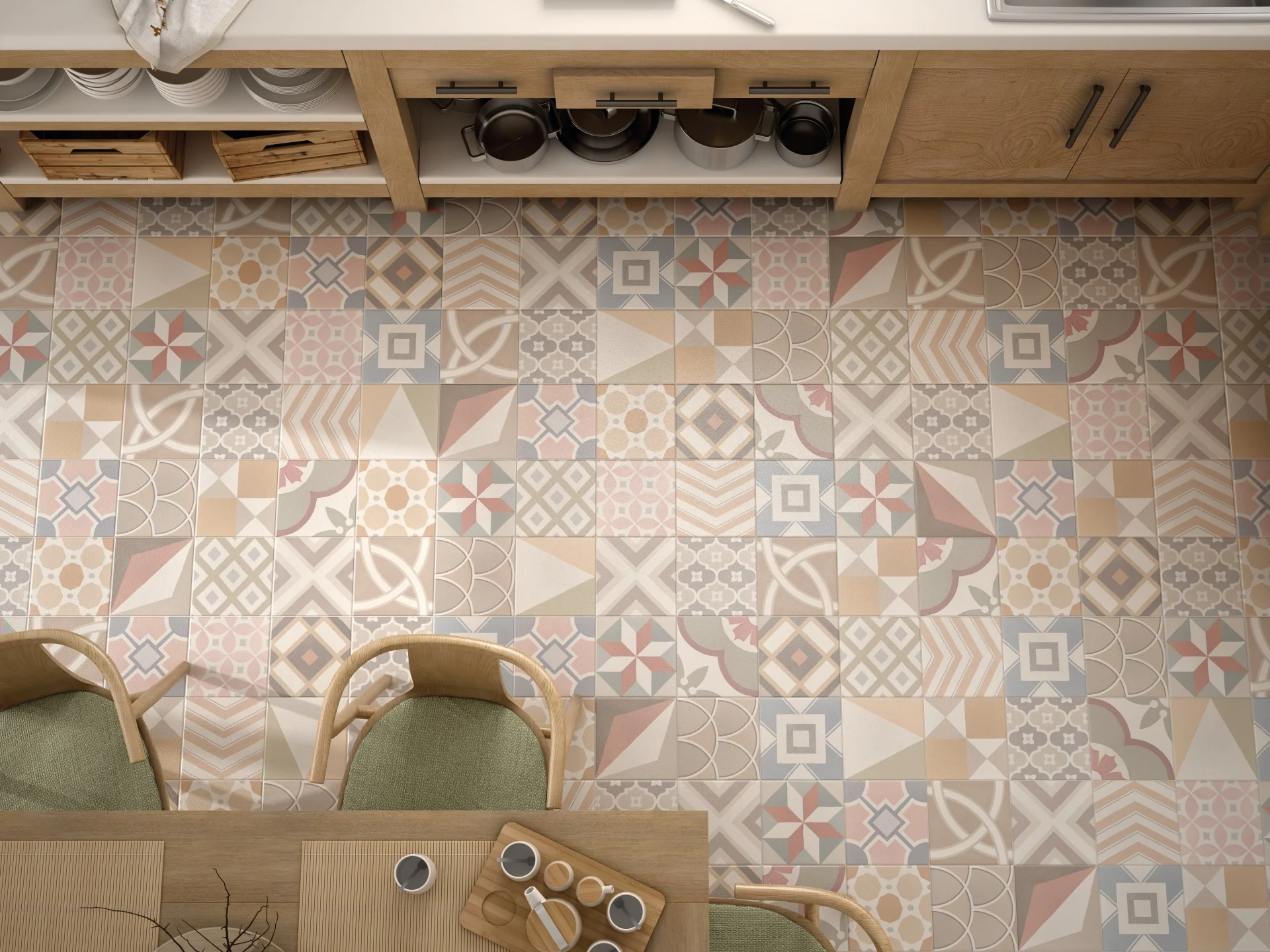 Bodenfliese Caprice Deco Patchwork Pastel von Equipe, matt, 20x20cm, pastellfarbenes Muster, verlegt in einem hellen Esszimmer mit Holzstühlen und Esstisch