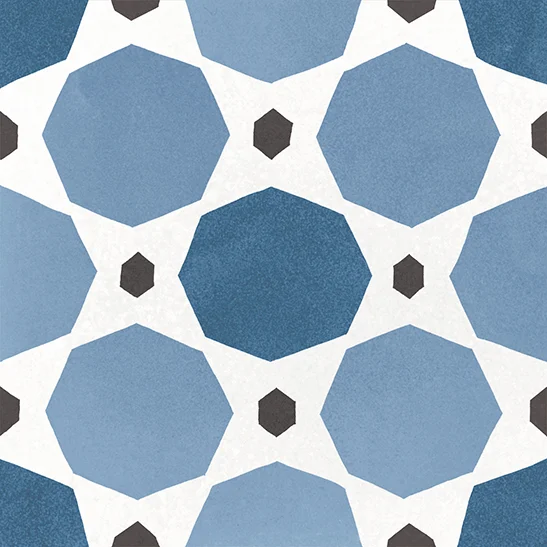 Bodenfliese Caprice Deco Sapphire Colours von Equipe, matt, 20x20cm, mit geometrischem Muster aus Achtecken und Rauten in Blau, Schwarz und Weiß