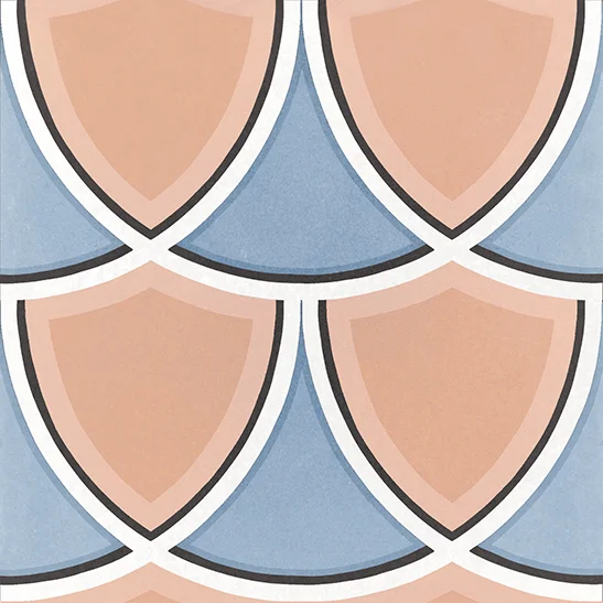 Bodenfliese Caprice Deco Island Colours von Equipe, matt, 20x20cm, mit geometrischem Muster in Blau, Beige und Schwarz, Schildform, klare Linien und weiche Rundungen