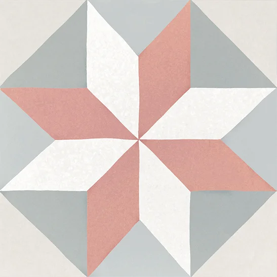 Bodenfliese Caprice Deco Magic Pastel von Equipe, matt, 20x20cm, mit geometrischem Muster aus Rosa, Weiß und Grau, optisch wie ein Stern